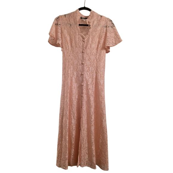 Vtg 80s Blush Pink Full Lace Maxi Dress Button Front Lined Bridal Dawn Joy 12P - Picture 1 of 12